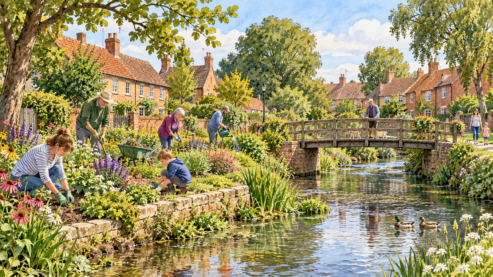 Artist's impression of community gardening beside the River Maun in the Ollerton area; a conceptual scene, not a named event