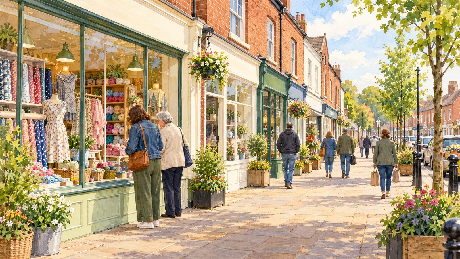 Artist's impression of shoppers on New Ollerton's Forest Road with modest shopfronts and a fabric-shop window